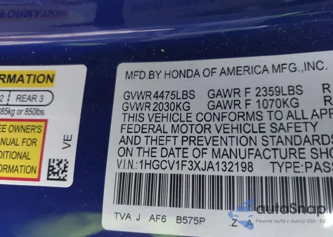 2018 Honda Accord Sport z USA, uszkodzony, nr VIN 1HGCV1F3XJA132198